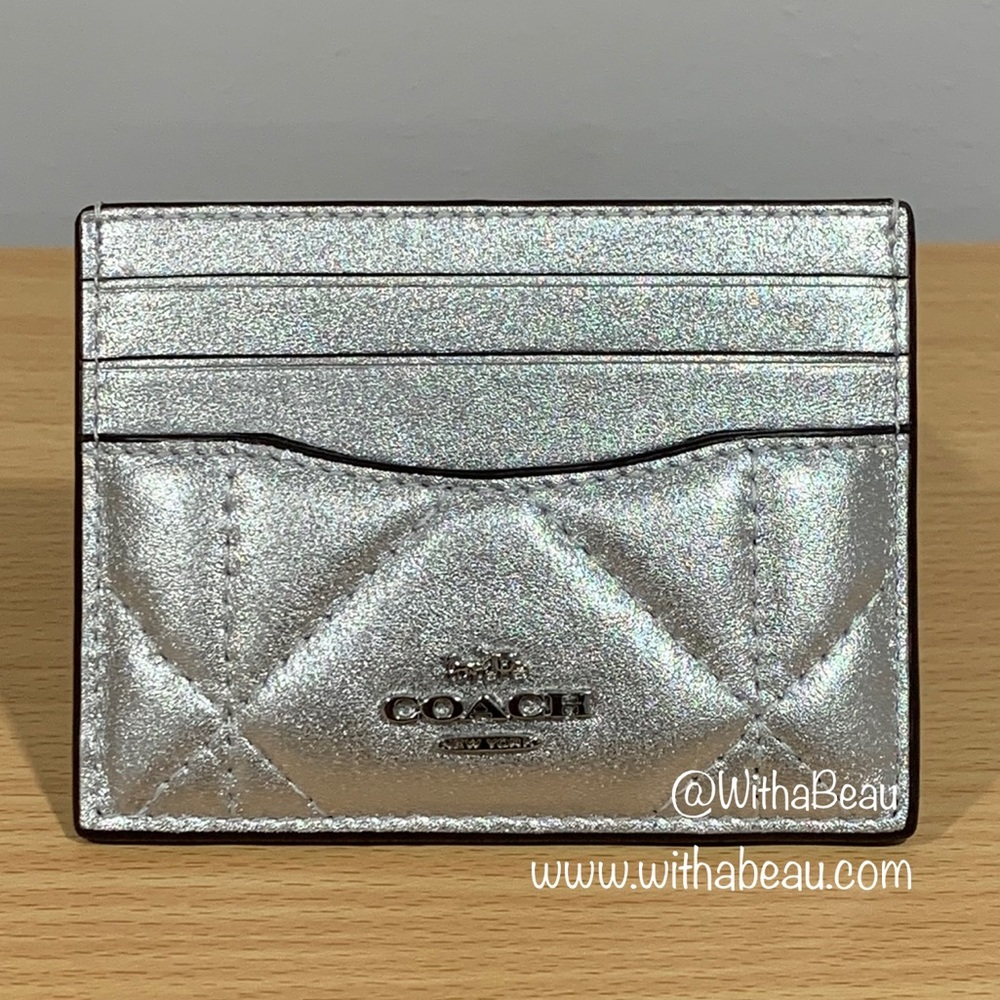 Coach Slim ID Card Case in Silver Metallic with Puffy Diamond Quilting